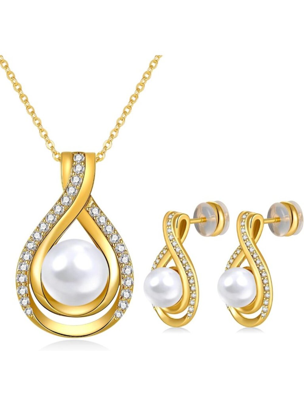 Elegant Sterling Silver Infinity Pendant Pearl Necklace & Earrings Set